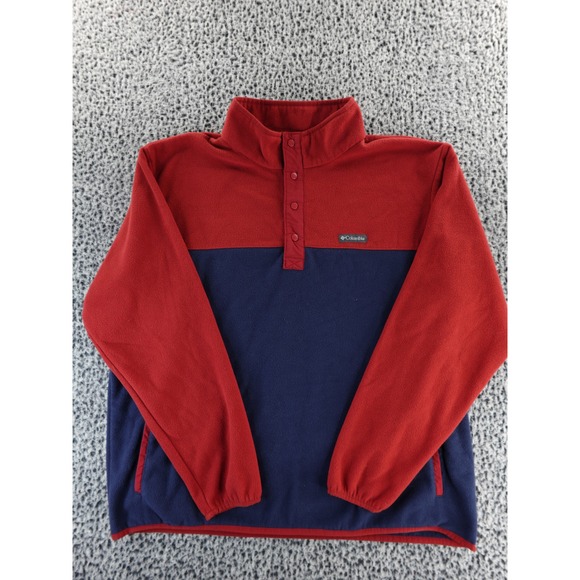 Columbia Fleece Pullover Jacket Red Navy Blue Snap Neck Long Sleeve Men's XL